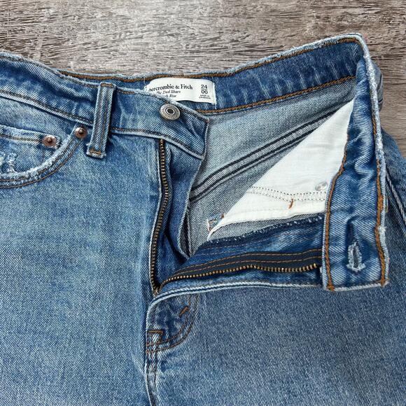 Abercrombie & Fitch Dad Shorts Blue Denim High Rise Frayed Hem Curve Love - Picture 3 of 6